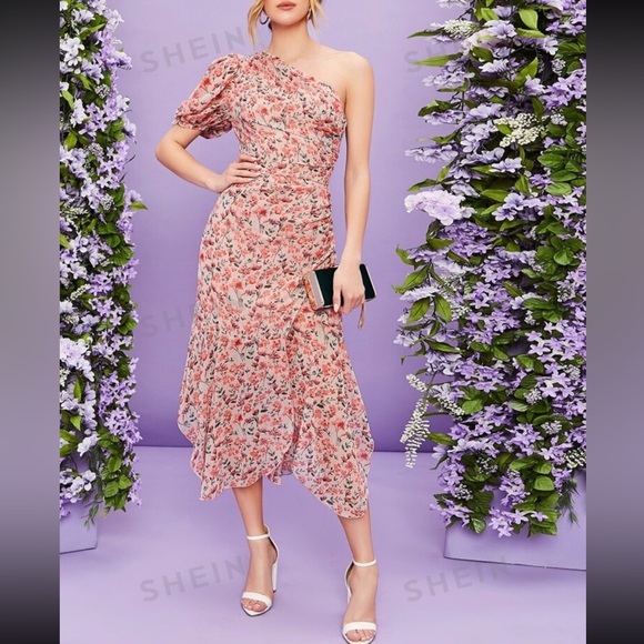 Shein Belle One shoulder Ruched Ruffle Hem Floral Dress (M) - Picture 1 of 2